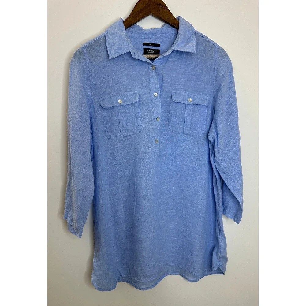 Jones & Co. 100% Linen Half Button Shirt Blue Top Large Resort Coastal *Flawed - Picture 12 of 12